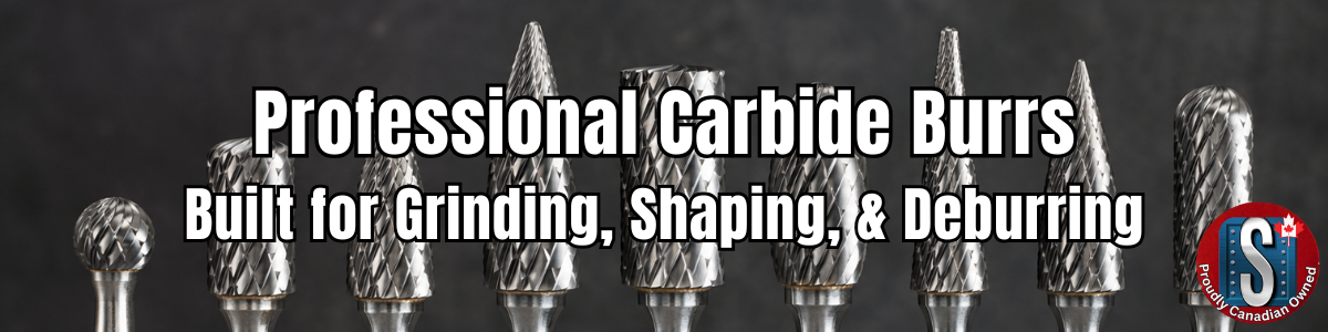 Professional carbide burrs category banner from Skookum Tools industrial supplier featuring precision rotary burrs in multiple shapes for grinding, shaping, deburring, and metal removal applications.